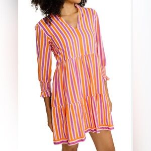 Charlee Alexis Tiered‎ Pink Orange Striped 3/4 Sleeve Cotton Mini Dress Size L